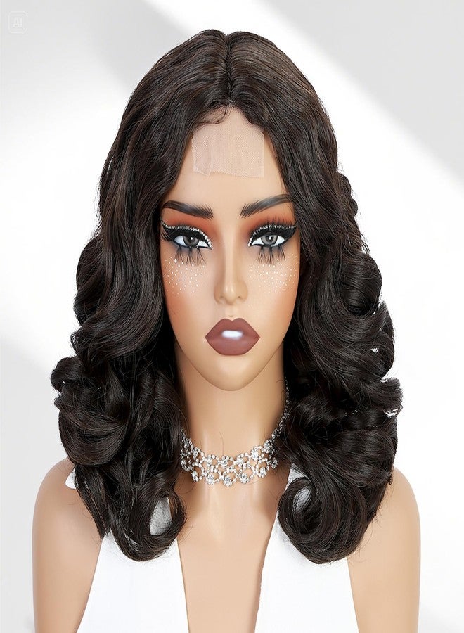 WIGER Lace Part Black Body Wave Hair Wig Dark Brown Short Wavy Wigs for Women 16 Inch Middle Part Shoulder Length Bob Wigs Loose Wave Hair Synthetic Curly Wig for Daily or Party - Image 2